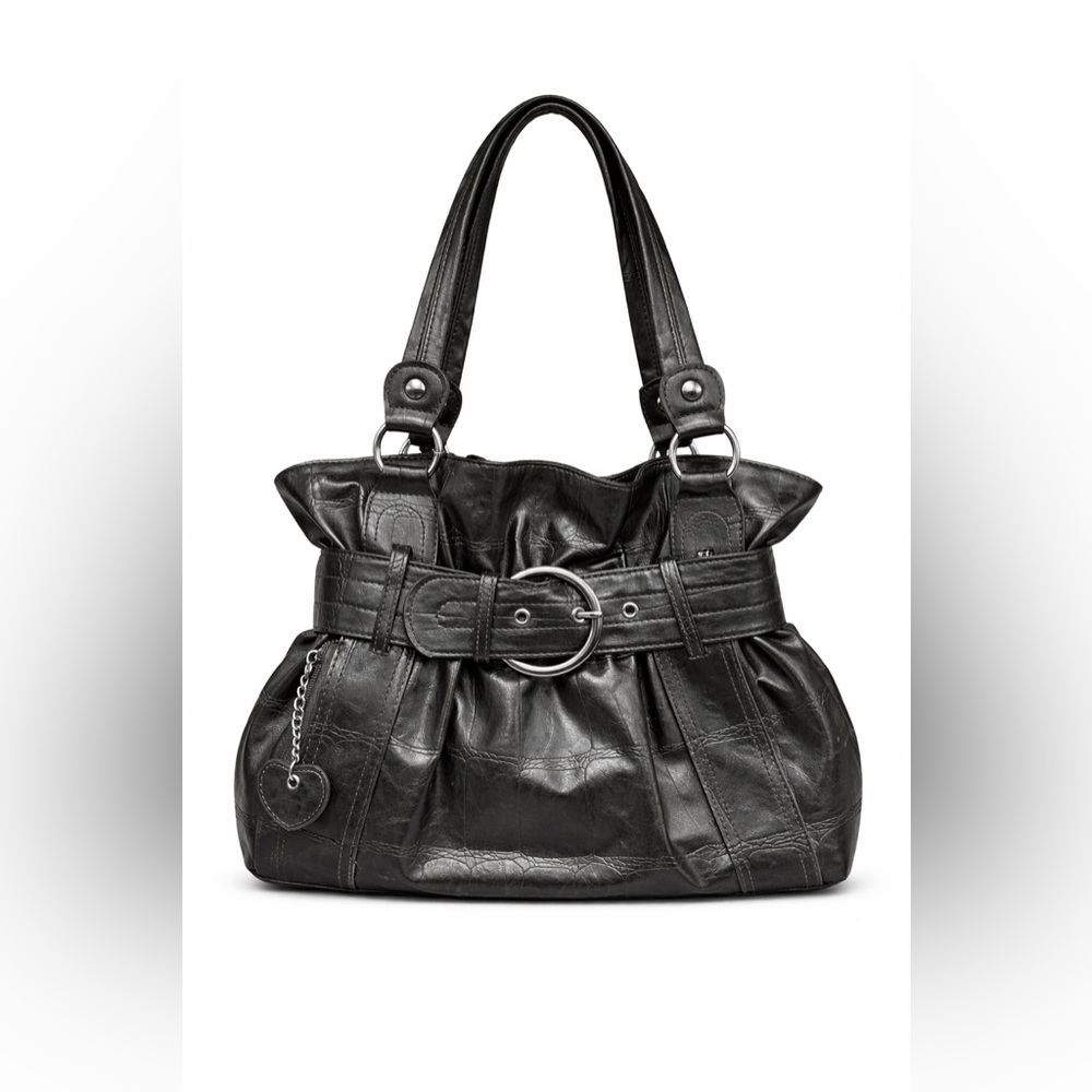 Black Faux Leather Shoulder Bag • Belted Detail • Silver Hardware •